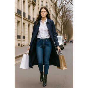 Vintage London Fog Navy Blue Long Trench Painter Coat Button Classic Style Sz 8